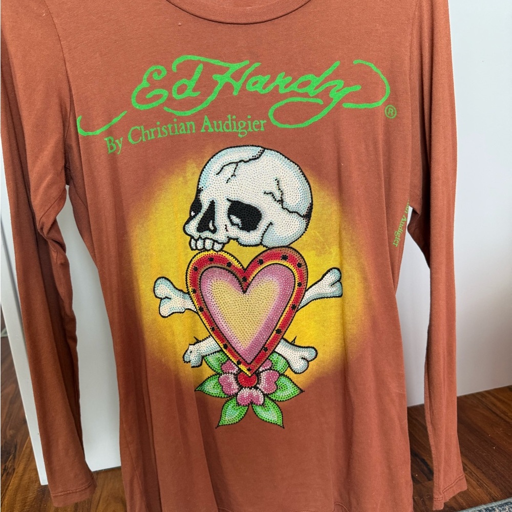 Ed Hardy Rust Long Sleeve Graphic Tee with Neon Green Logo